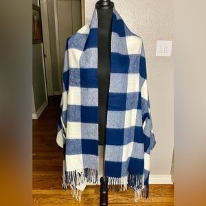 J Crew Blue and White Plaid Scarf and Cape Combo with Hand Opening OS.